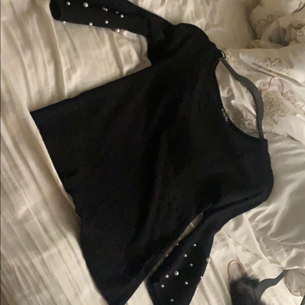 Black shirt with small pearl detail